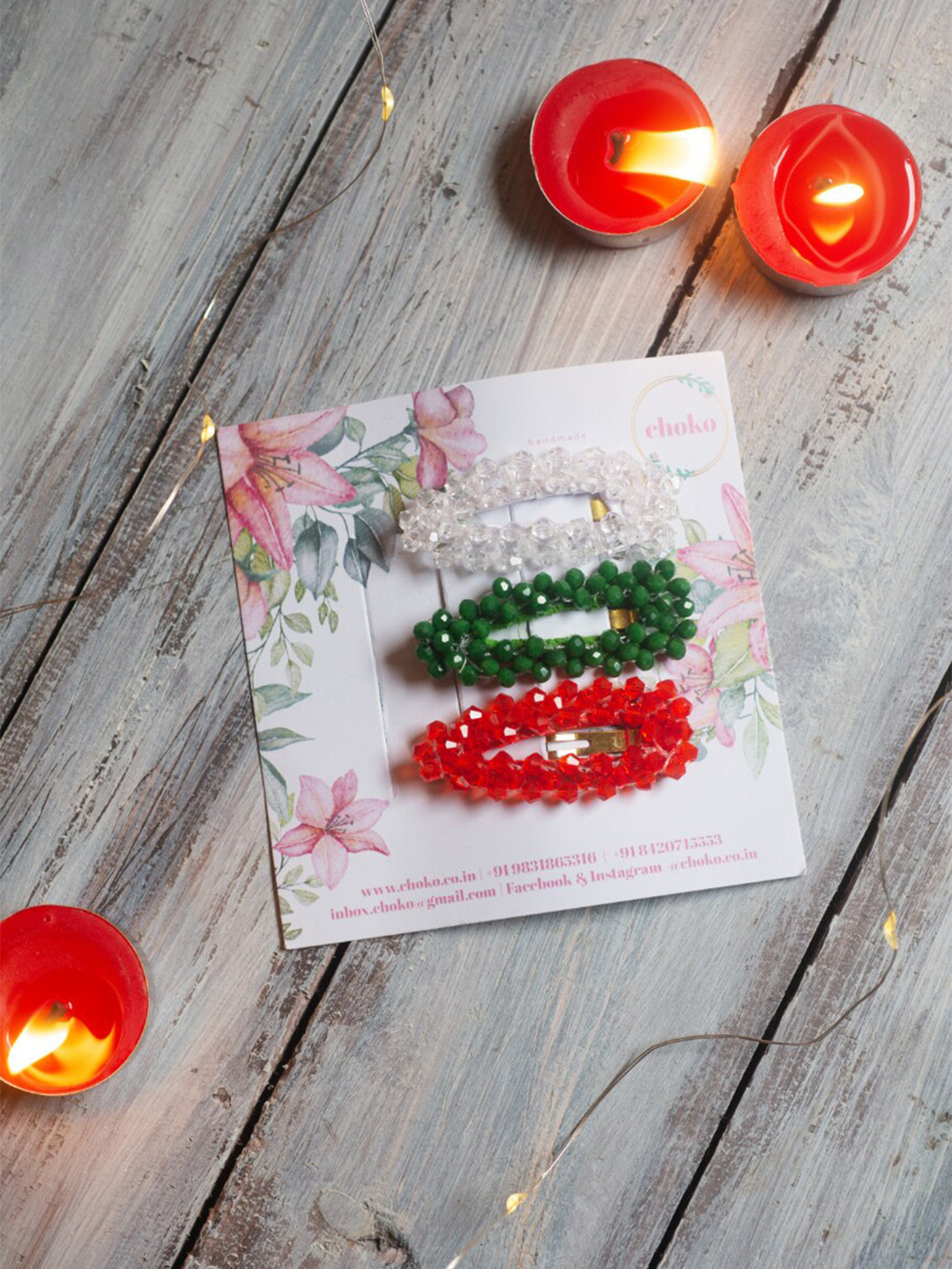 Choko Set Of 3 Glitter Beaded Xmas Hair Clips