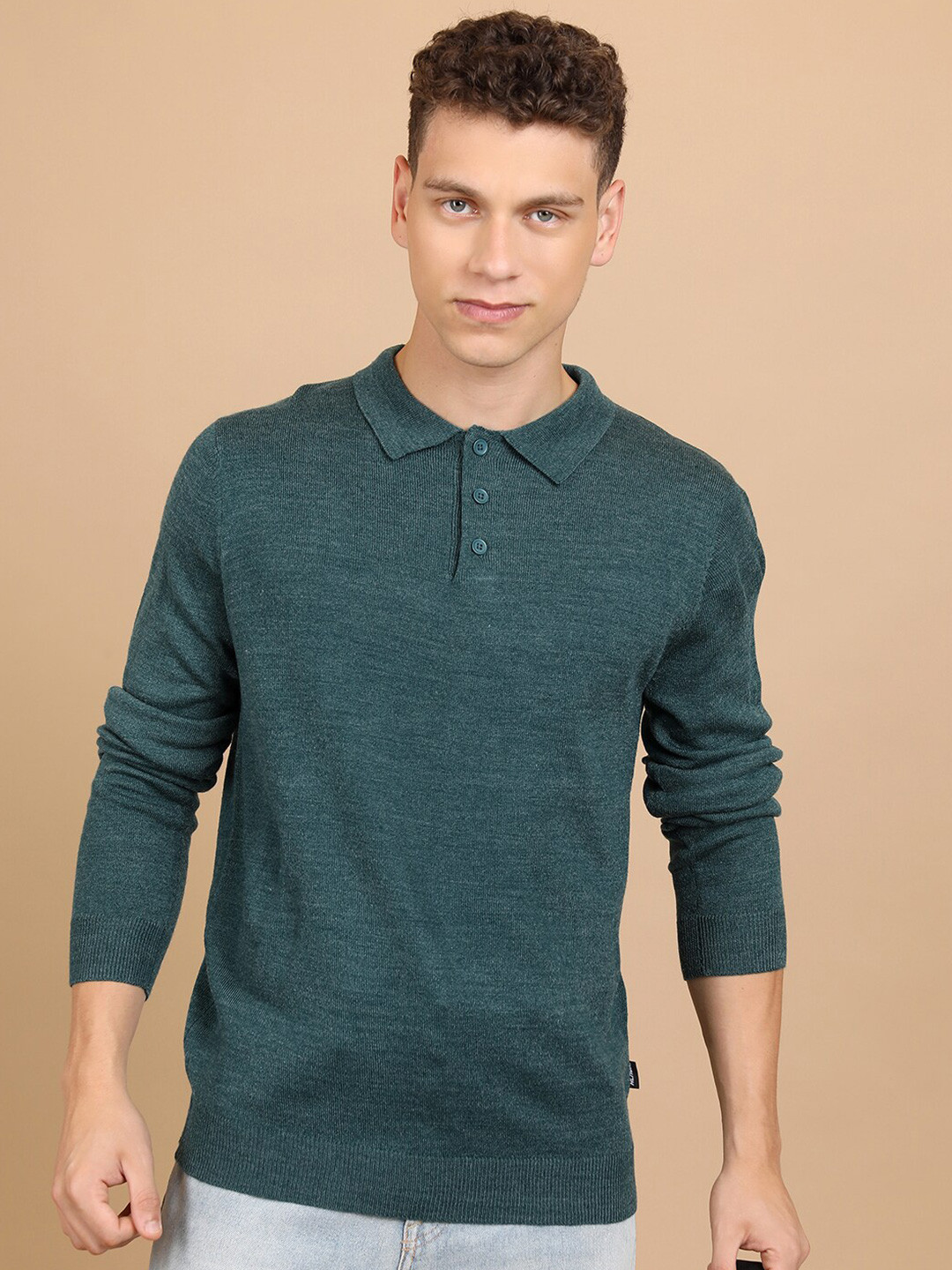 HIGHLANDER Green Shirt Collar Acrylic Pullover