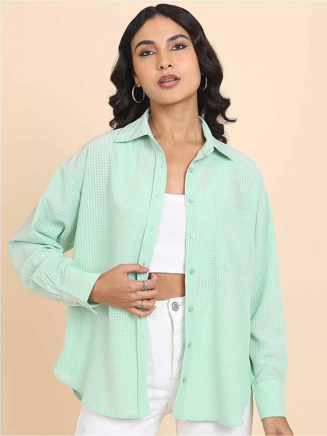 Tokyo Talkies Green Micro Checked Oversized Casual Shirt