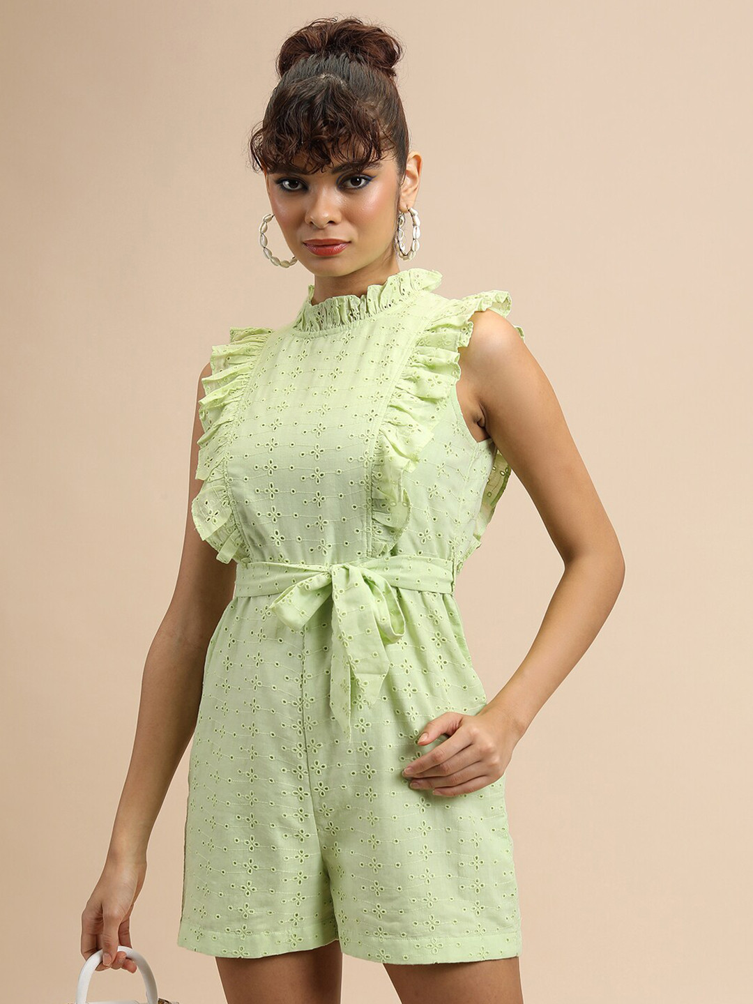 Tokyo Talkies Green High Neck Schiffli Ruffled Playsuit