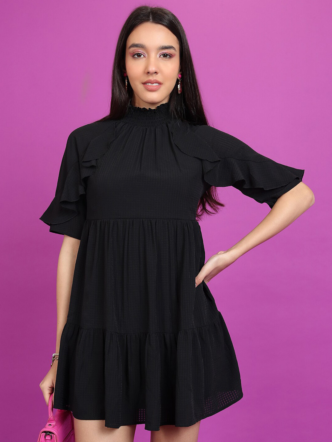 Tokyo Talkies Black High Neck Ruffled Tired A-Line Dress