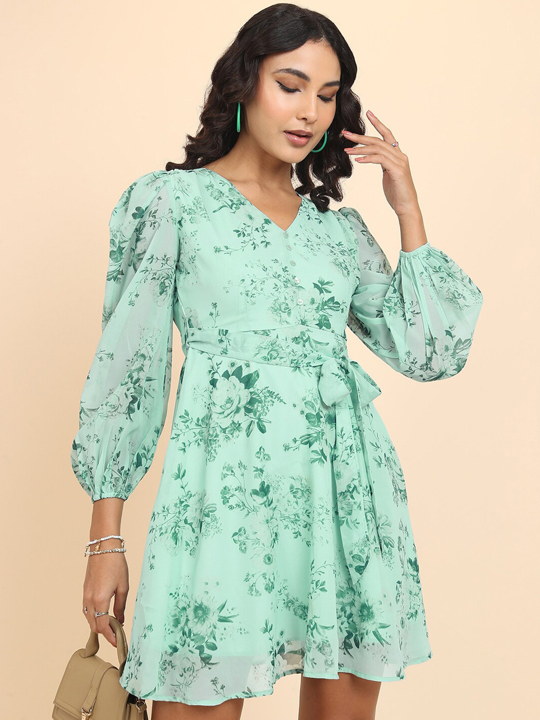 Tokyo Talkies Green Floral Printed Fit & Flare Mini Dress