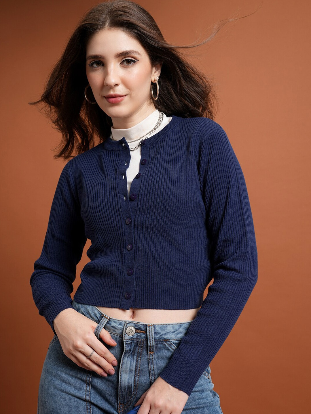 Tokyo Talkies Blue Ribbed Acrylic Crop Cardigan Sweater