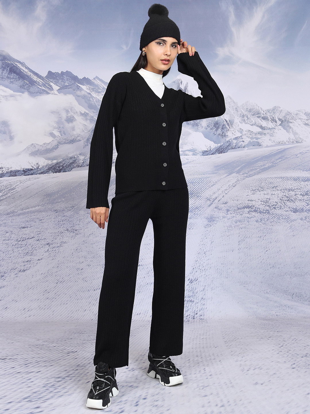 Tokyo Talkies Black Relaxed Fit Cardigan & Flared Pants Co-Ords