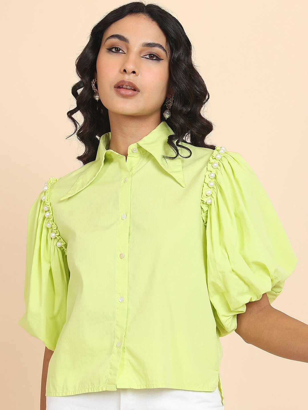 Tokyo Talkies Lime Green Cotton Puff Sleeves Casual Shirt