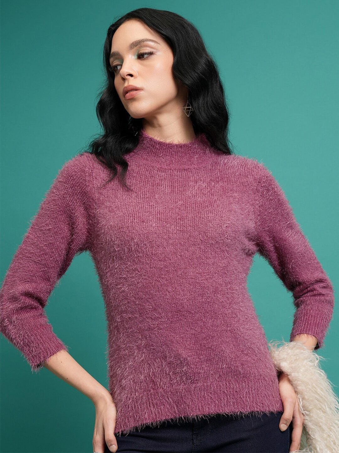 Tokyo Talkies Purple Mock Collar Acrylic Pullover