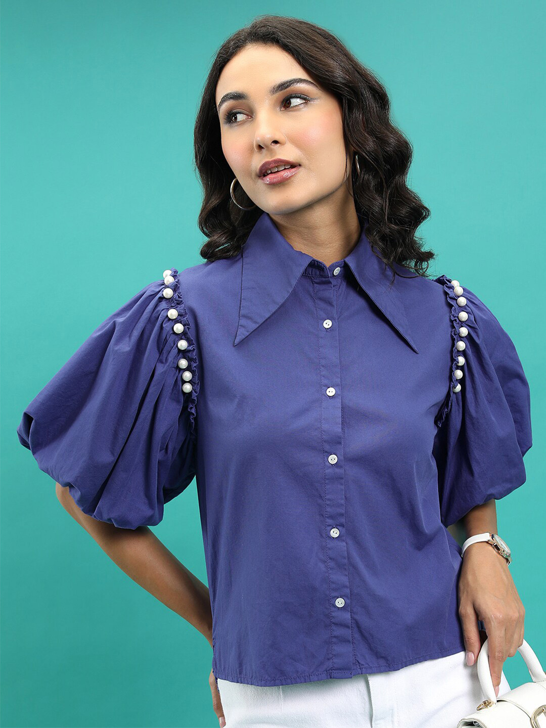 Tokyo Talkies Blue Shirt Collar Puff Sleeves Beaded Cotton Shirt Style Top
