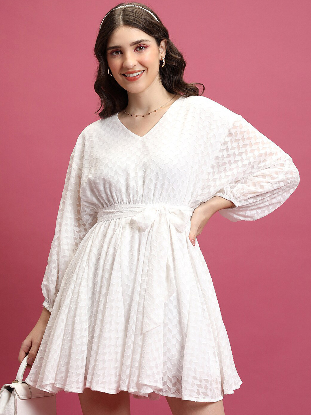 Tokyo Talkies White Self Design Fit and Flare Mini Dress With Belt