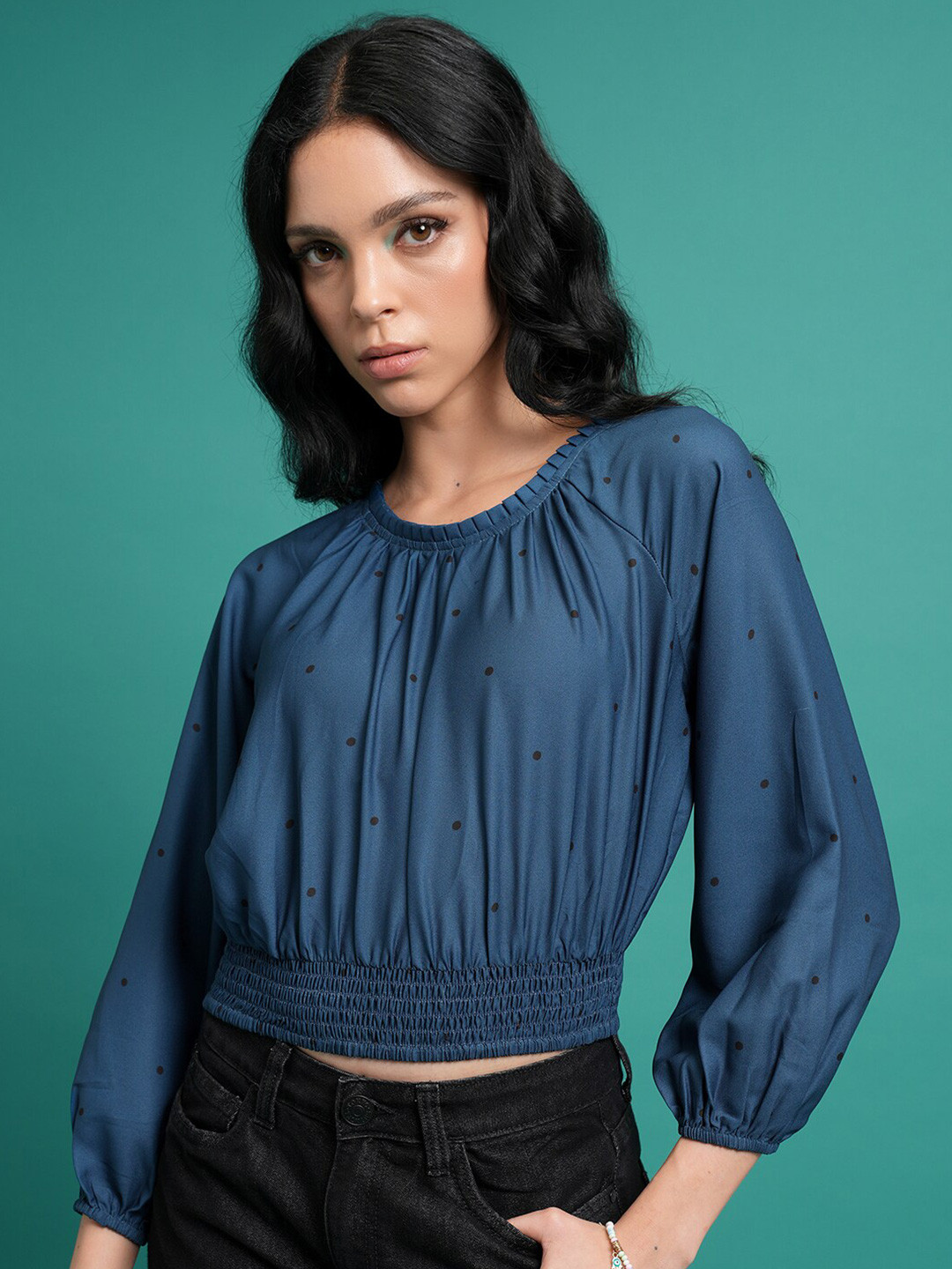 Tokyo Talkies Blue & Black Polka Dot Printed Smocked Raglan Sleeves Blouson Regular Top