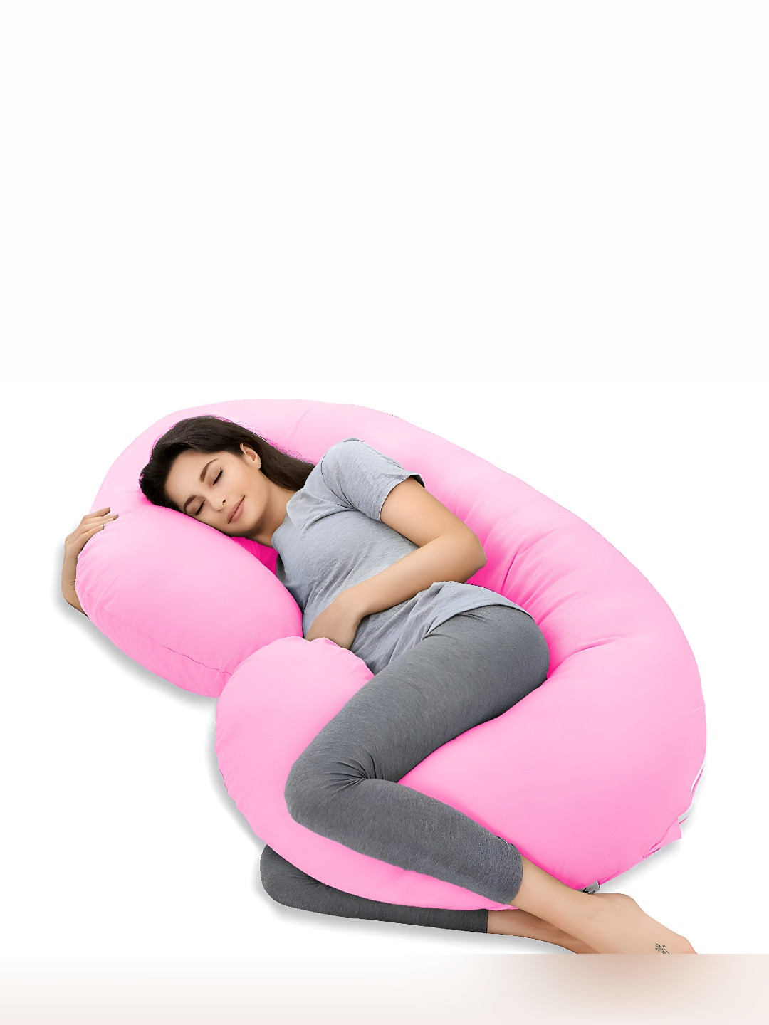 Mom's Moon Pink Solid Cotton Lightweight Firm Fibre Maternity Pillow-132.1 x 76.2 x 25.4 cm