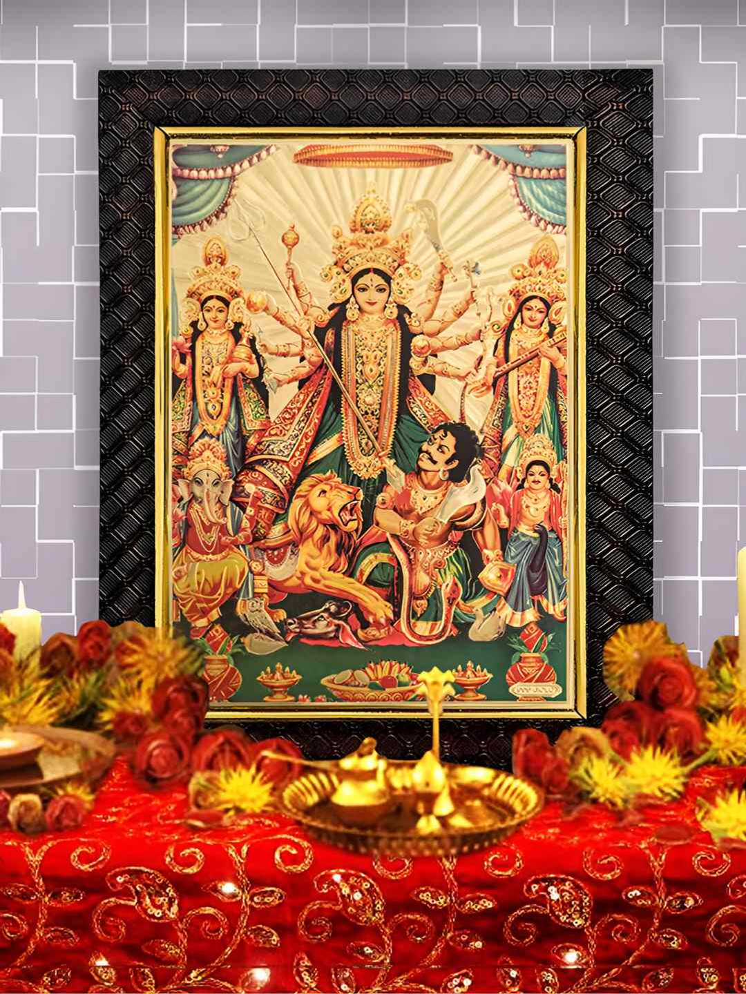 Hawai Gold-Toned & Green 24k Gold Plated Durga Ma Foil Embossed Wooden Wall Photo Frame