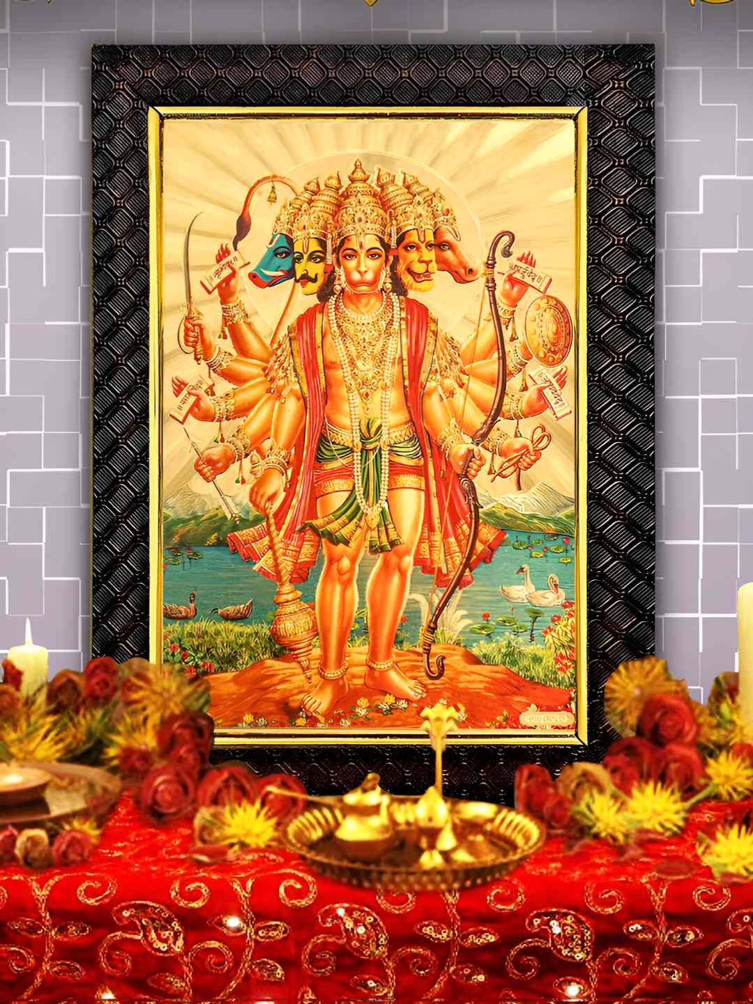 Hawai Gold Toned & Red Panchamukhi 24k Gold Plated Foil Embossed Wooden Wall Photo Frame