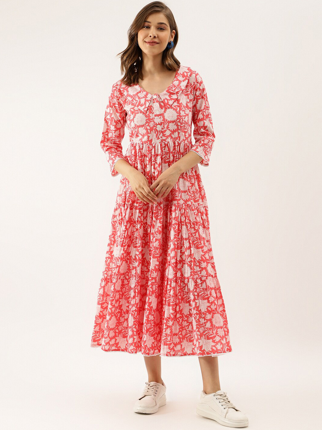 KALINI Floral Print Above the Keyboard Collar Gather Tiered Cotton Fit & Flare Midi Dress