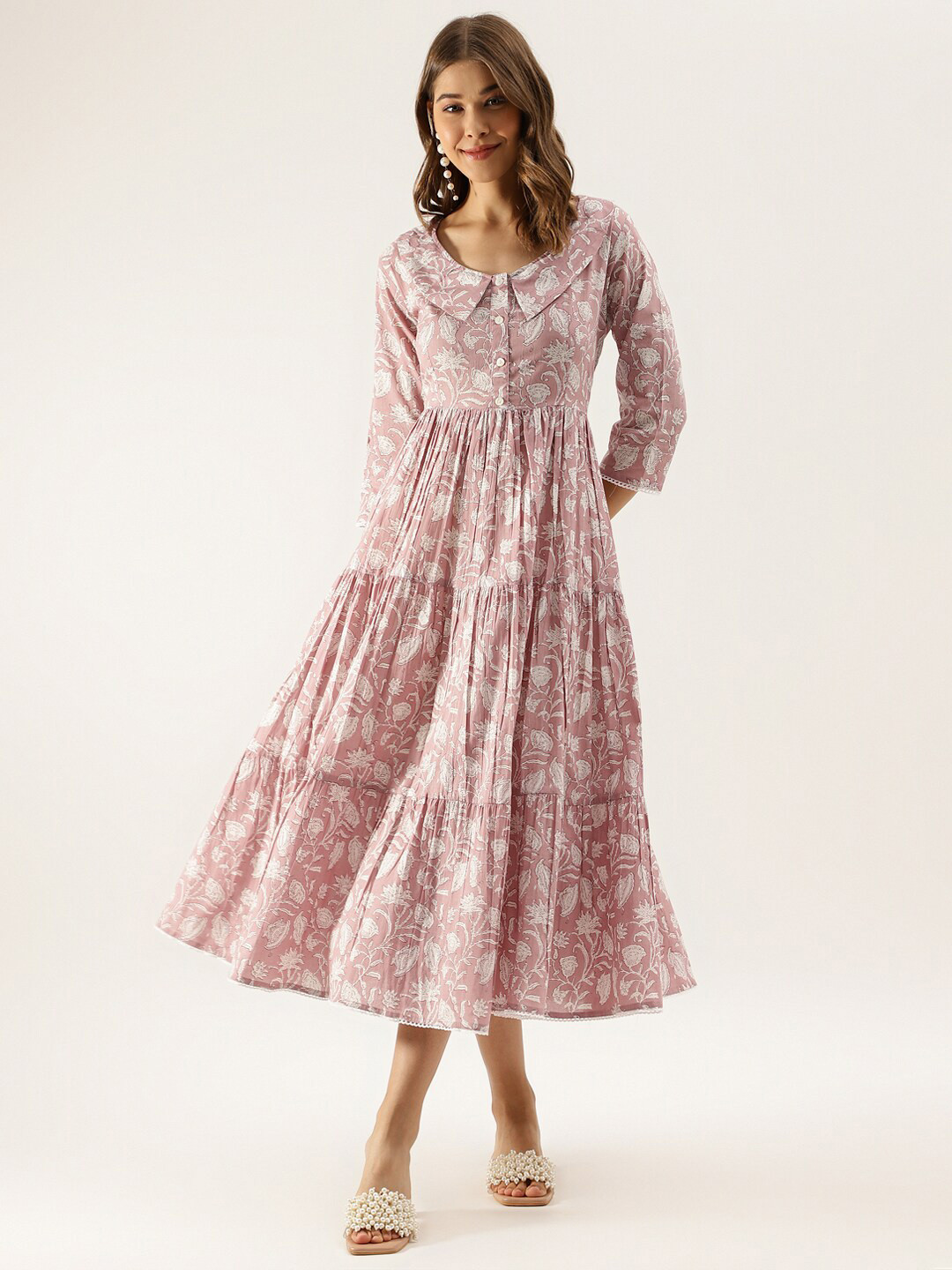 KALINI Floral Printed Peter Pan Collar Tiered Fit & Flare Midi Ethnic Dress
