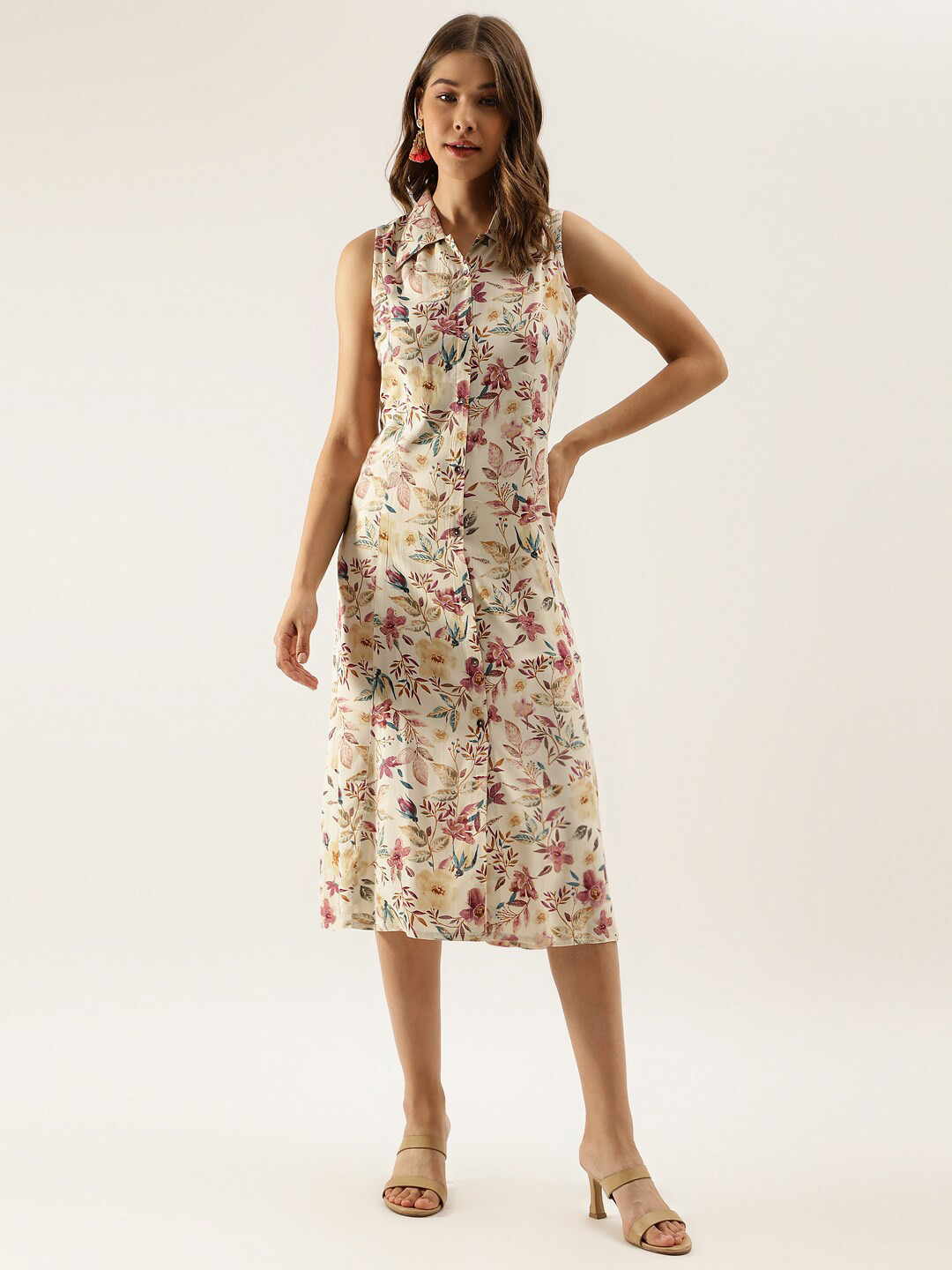 KALINI Floral Printed Sleeveless Shirt Midi Dress With Attached Sleeves