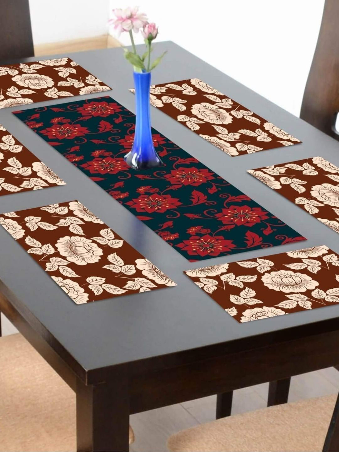 THEYAYACAFE Black & Maroon 7 Pieces Foral Tablemats & Table Runner