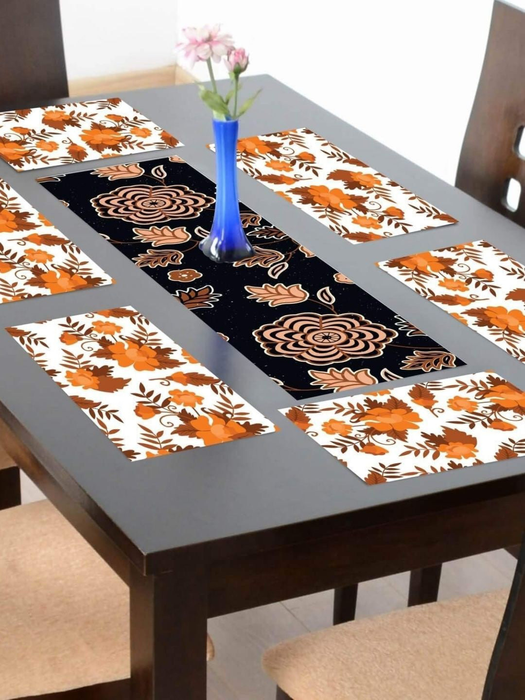 THEYAYACAFE Black & White 7 Pieces Floral Tablemats & Table Runner