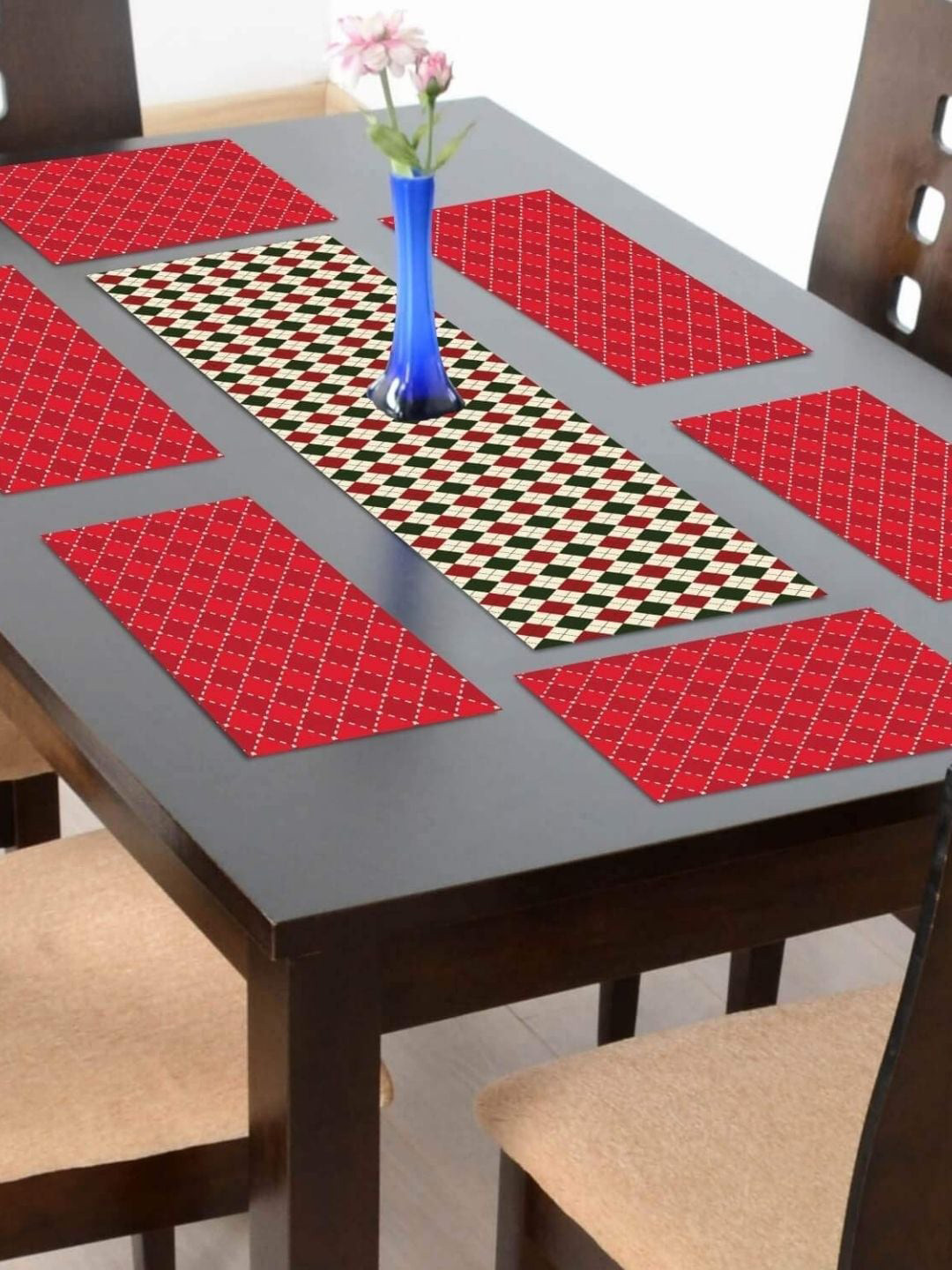 THEYAYACAFE Red & Black 7 Pieces Geometric Tablemats & Table Runner