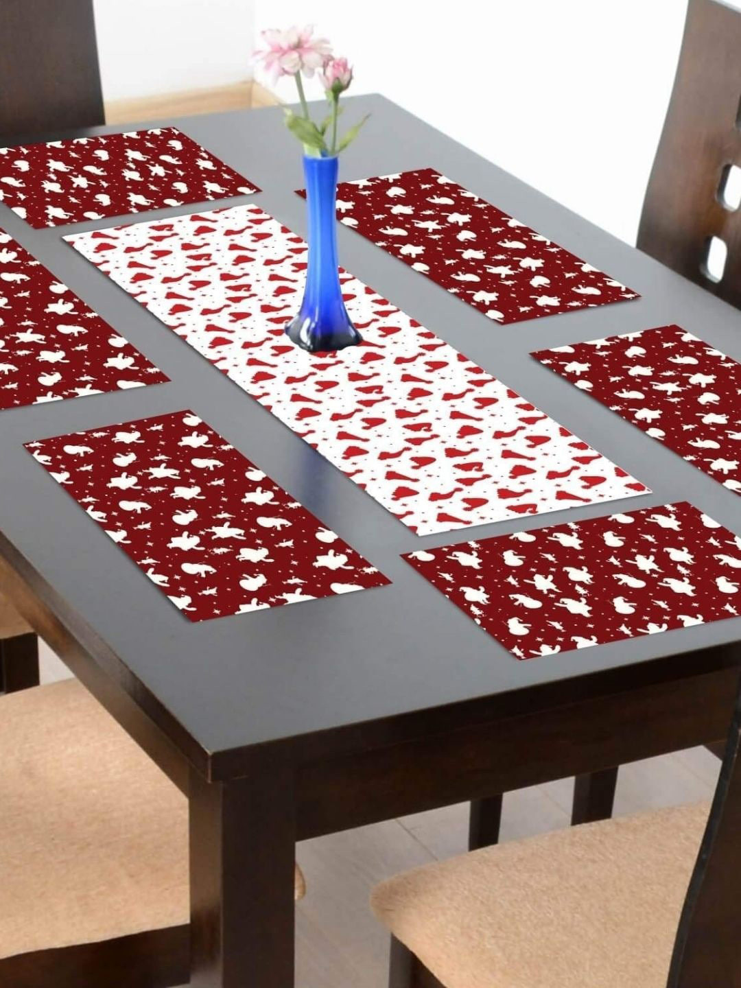 THEYAYACAFE Maroon & White Floral Cotton Table Placemats & Table Runners