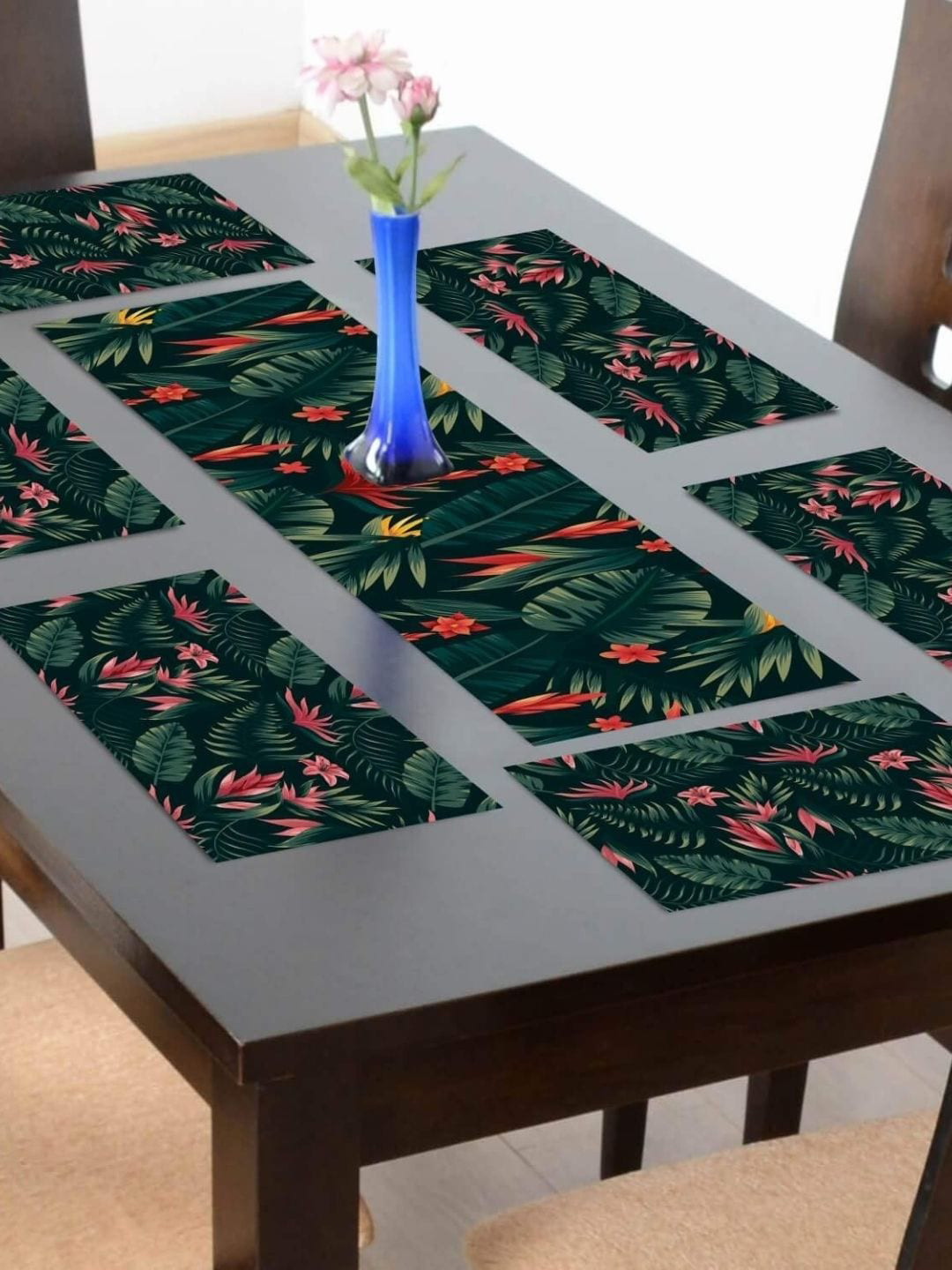 THEYAYACAFE Teal Green & Pink 7 Pieces Floral Cotton Table Placemats With Runners