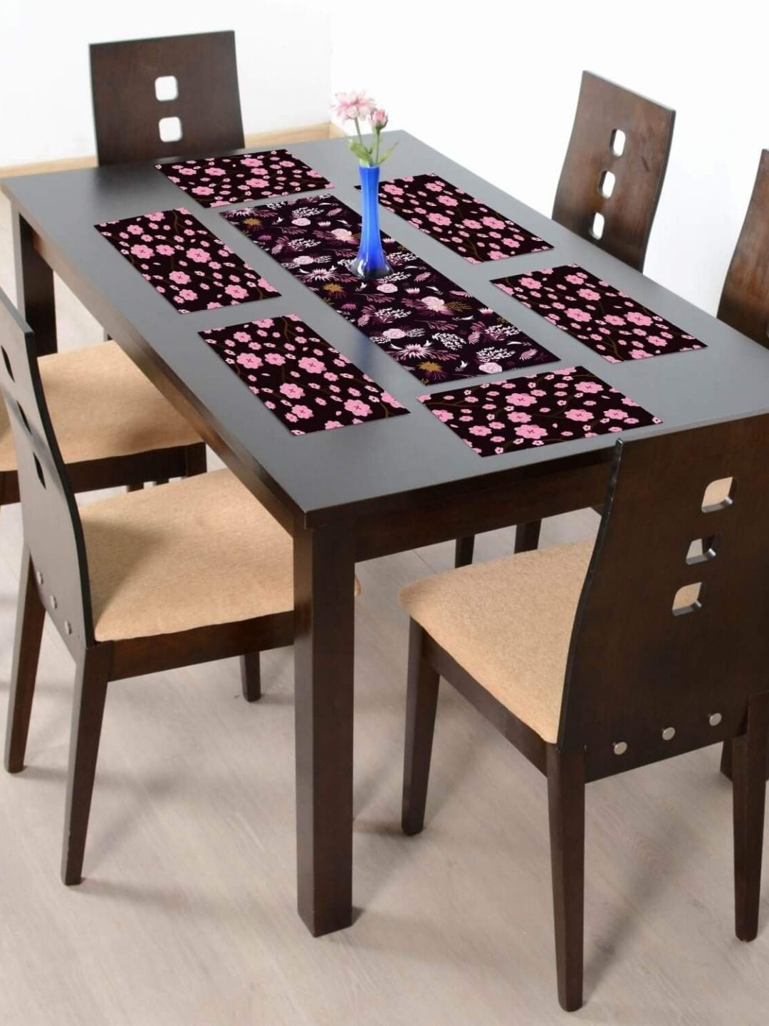 THEYAYACAFE Brown & Pink Floral Cotton Table Placemats & Table Runner