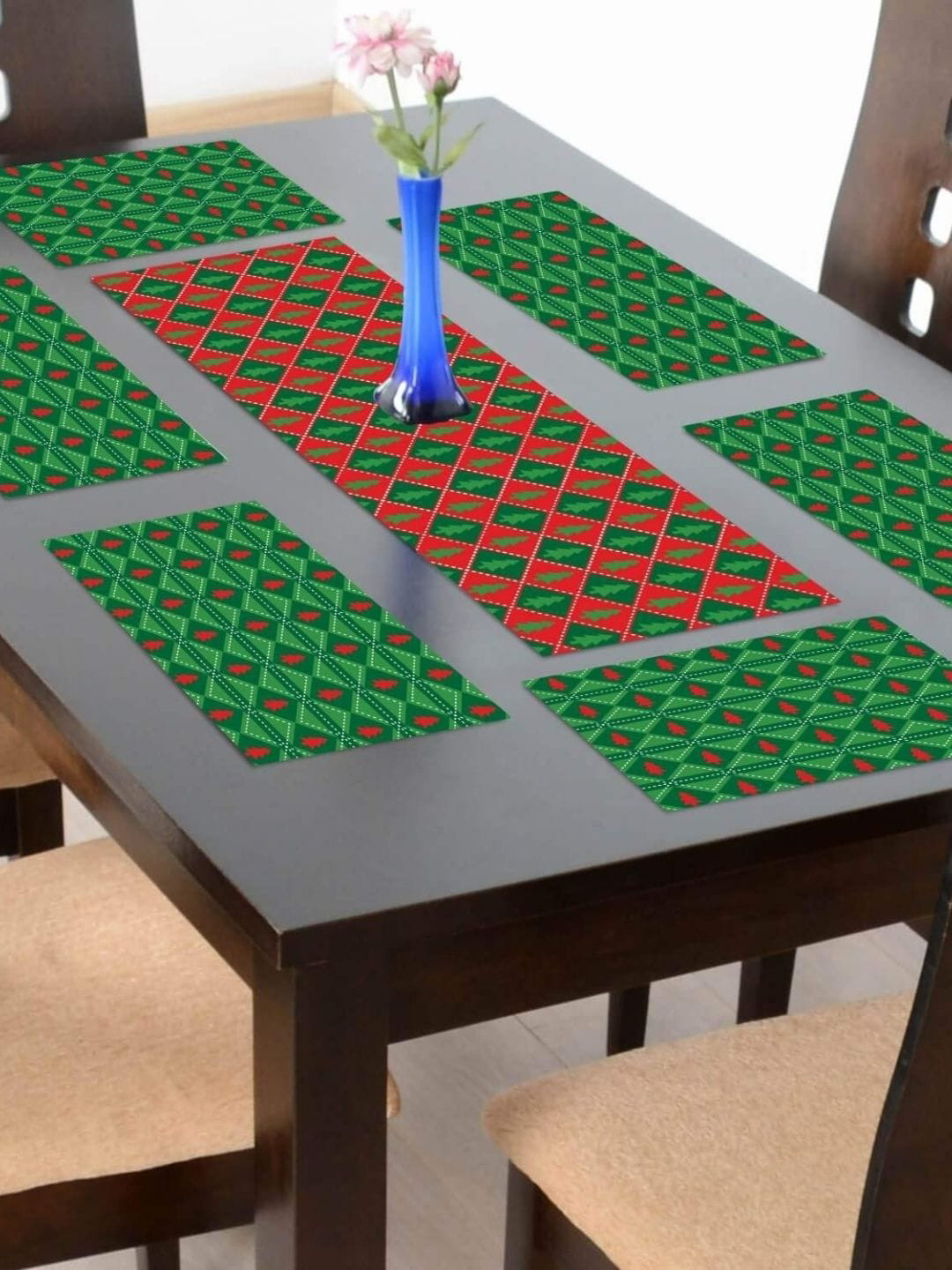 THEYAYACAFE Green & Red Floral Cotton Tablemats With Runners