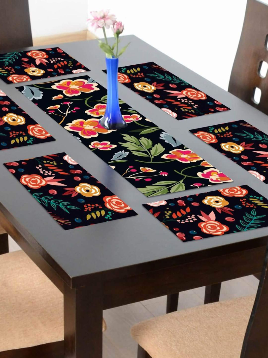 THEYAYACAFE Black & Pink 7 Pieces Floral Cotton Table Placemats With Runners