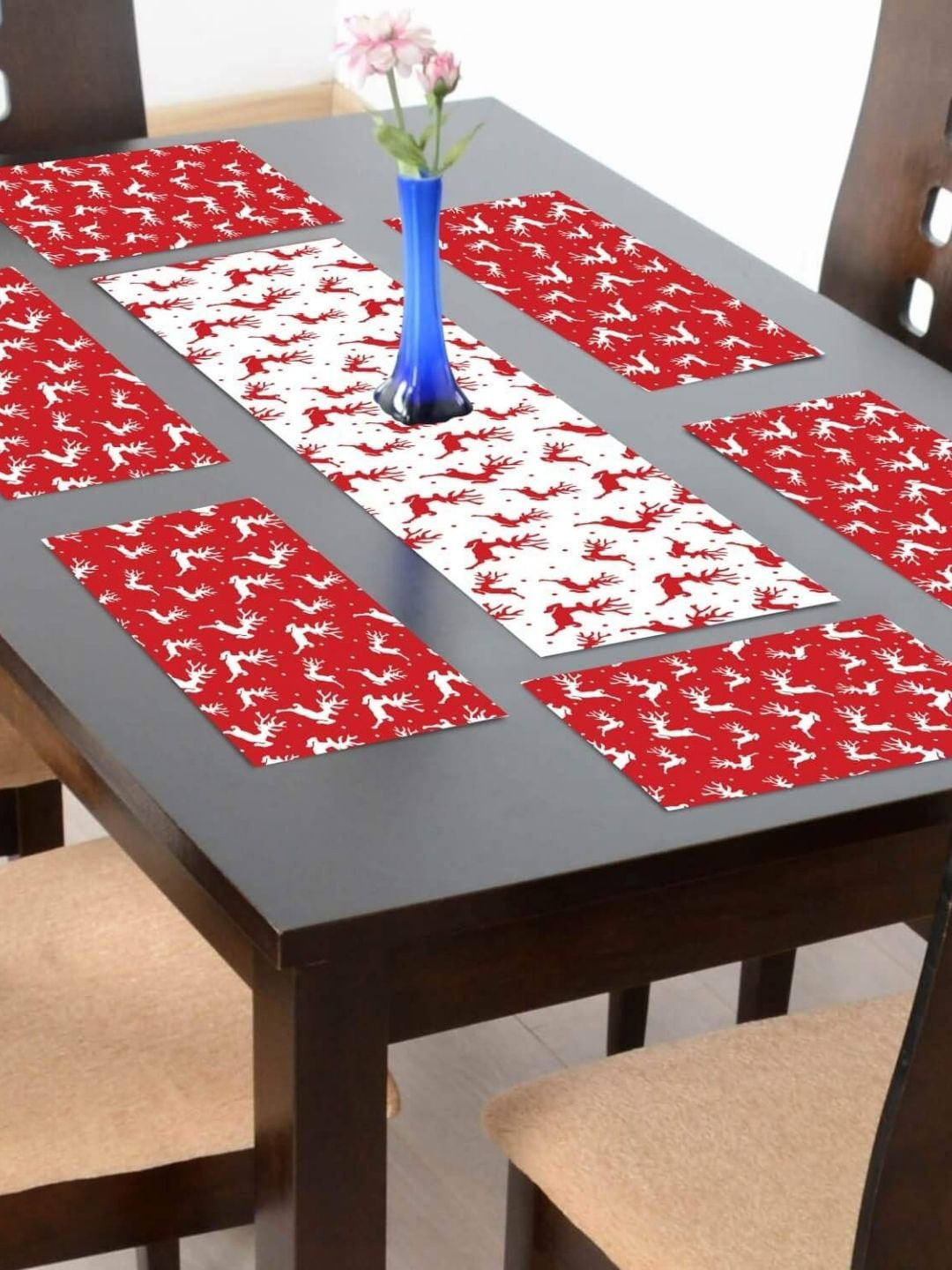 THEYAYACAFE Red & White Printed Cotton Table Placemats With Runners