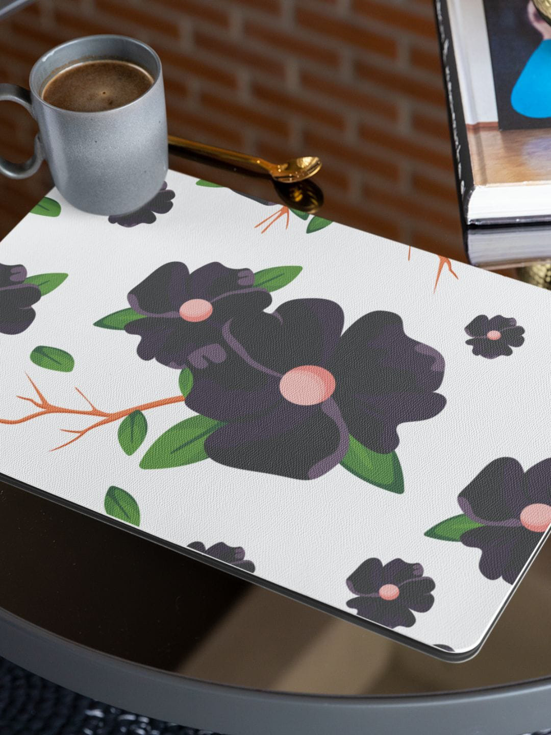 THEYAYACAFE Black & White 7 Pieces Floral Tablemats & Table Runner