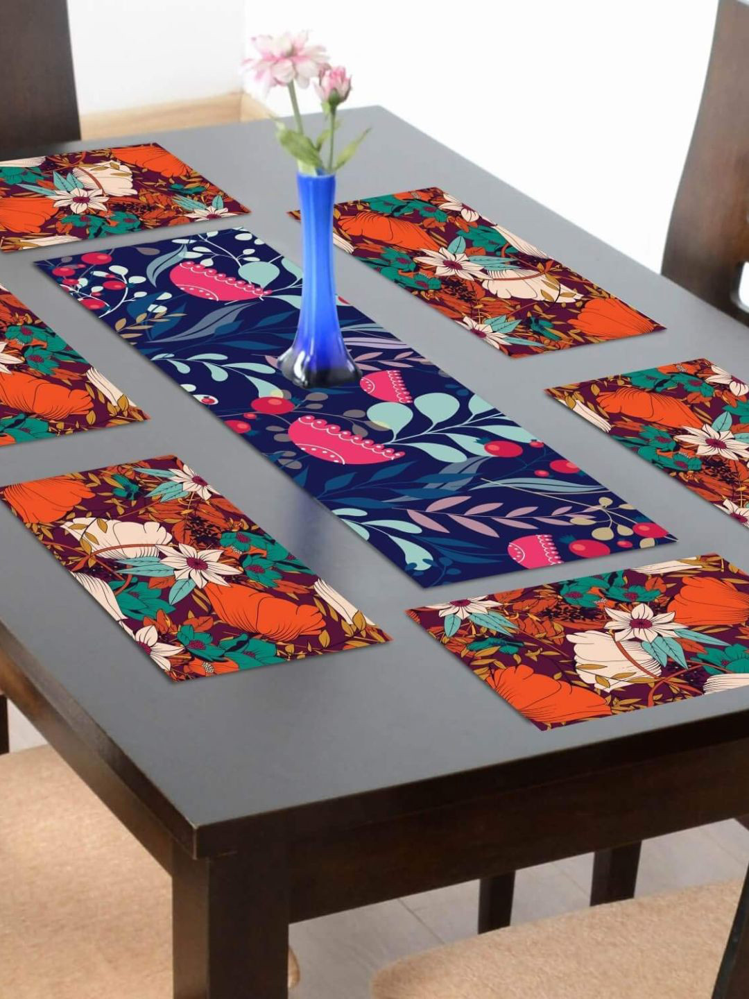 THEYAYACAFE Blue & Red 7 Pieces Floral Tablemats & Table Runner