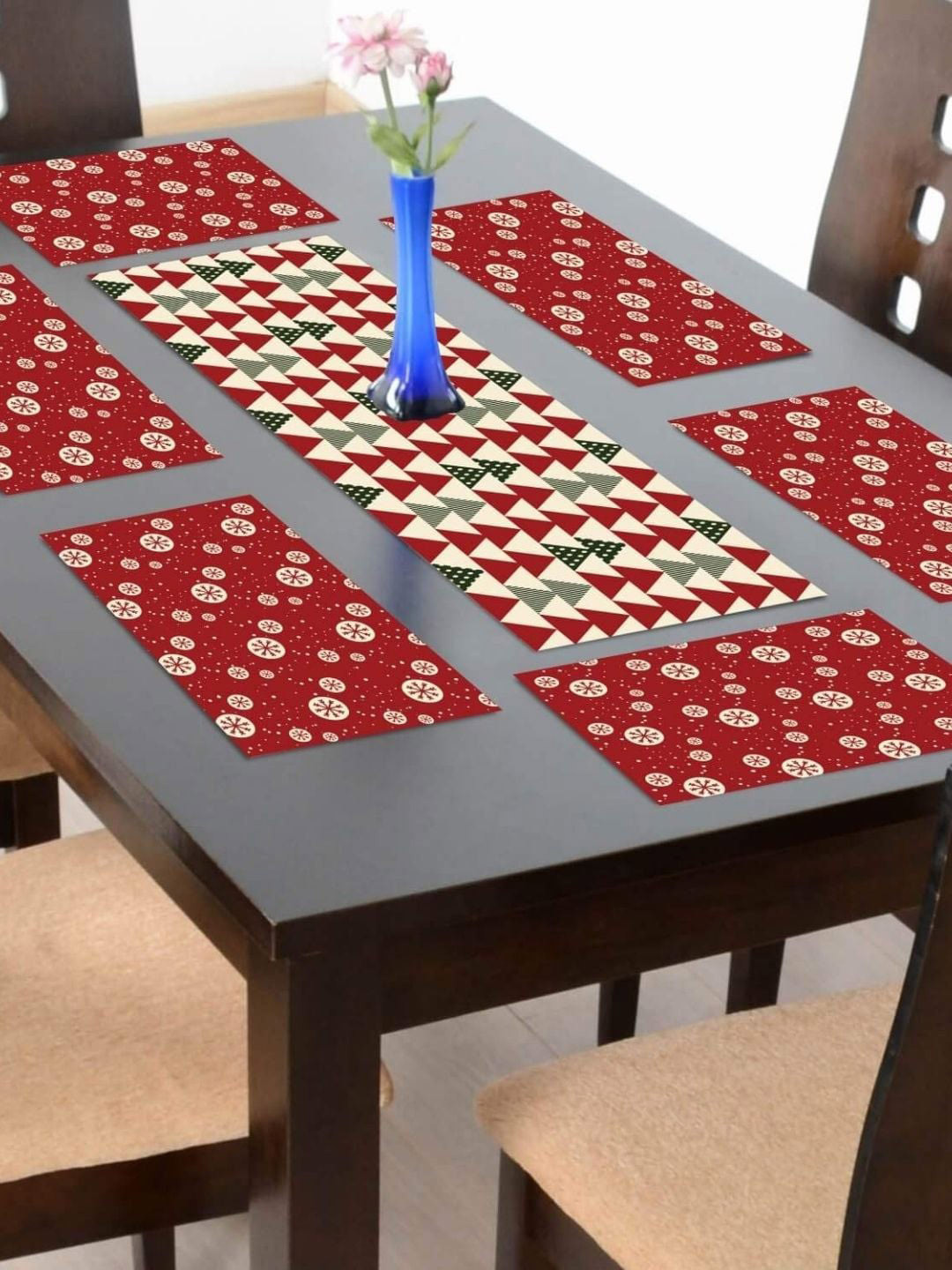 THEYAYACAFE Cream Coloured & Maroon 6 Pieces Geometric Canvas Cotton Table Linen Set