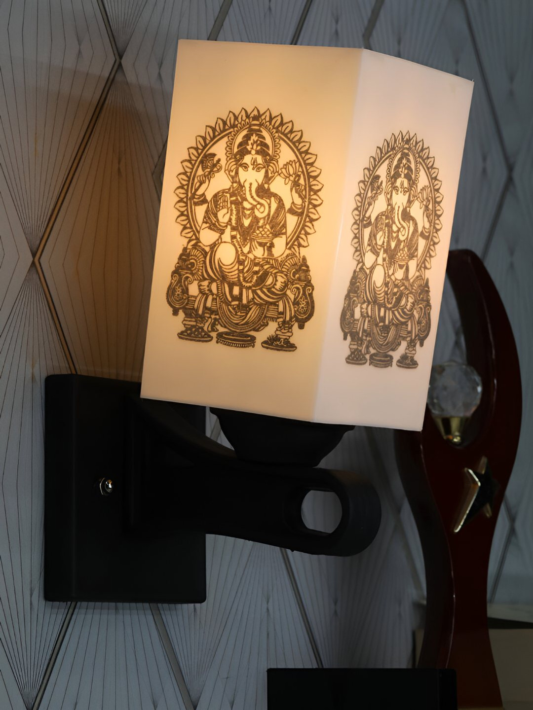 Gojeeva White & Black Ganeshay Nama Printed Acrylic Traditional Rectangle Shaped Wall Lamp