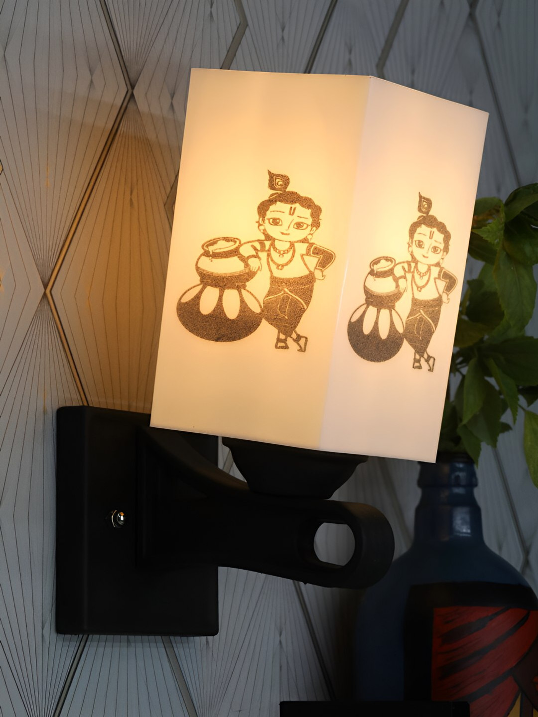 Gojeeva White & Black Baby Krishna Printed Acrylic Traditional Rectangle Shaped Wall Lamp