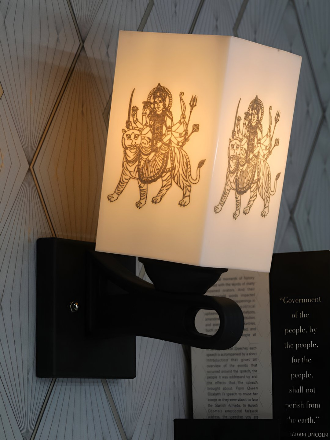 Gojeeva White & Black Durga Maa Printed Acrylic Traditional Rectangle Shaped Wall Lamp