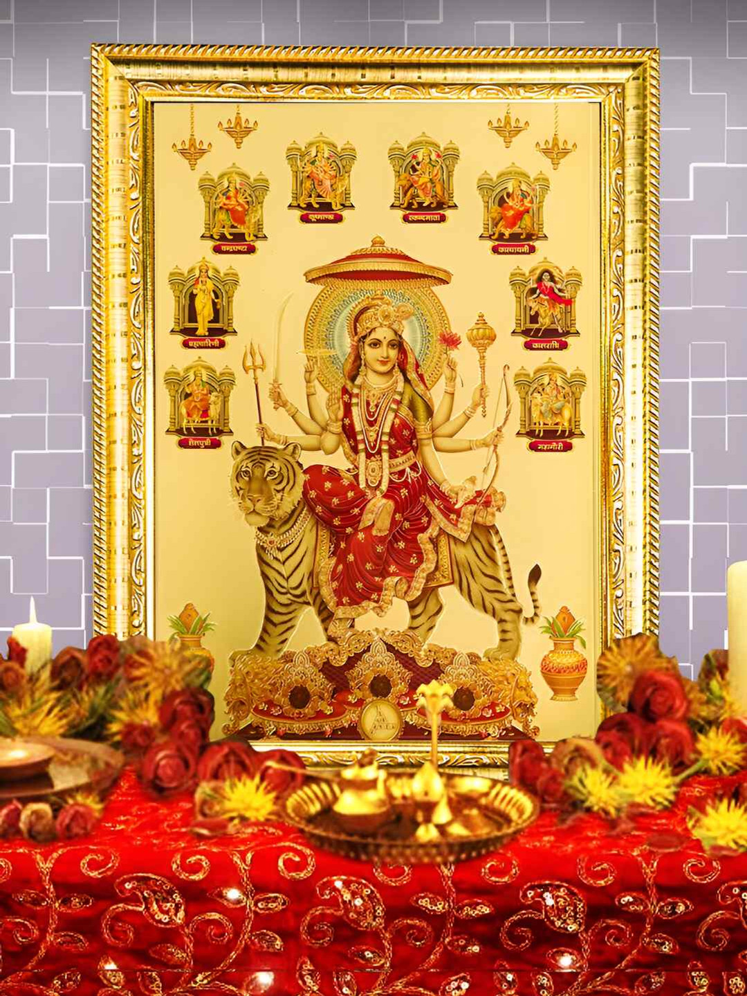 Hawai Gold-Toned & Red Ma Durga Mata Wood Wall Photo Frame