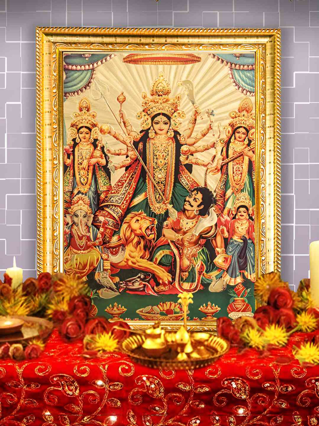 Hawai Gold-Toned & Green Durga Ma Wood Wall Photo Frame