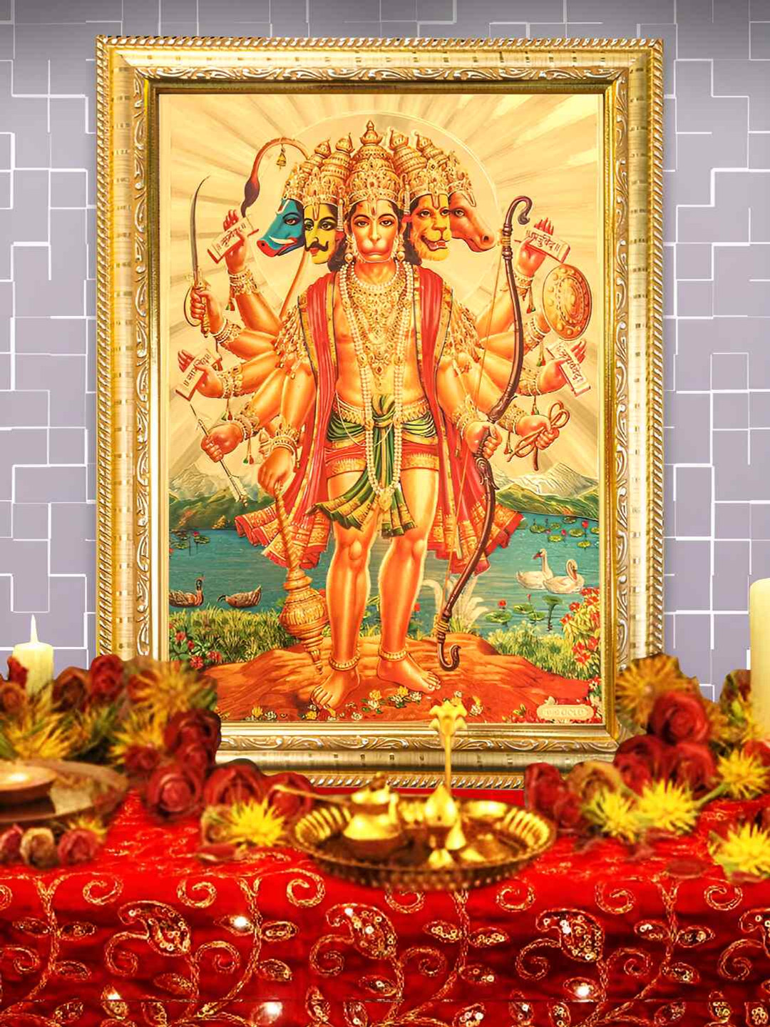 Hawai Gold Plated Panchamukhi Hanuman Ji Wood Wall Photo Frame
