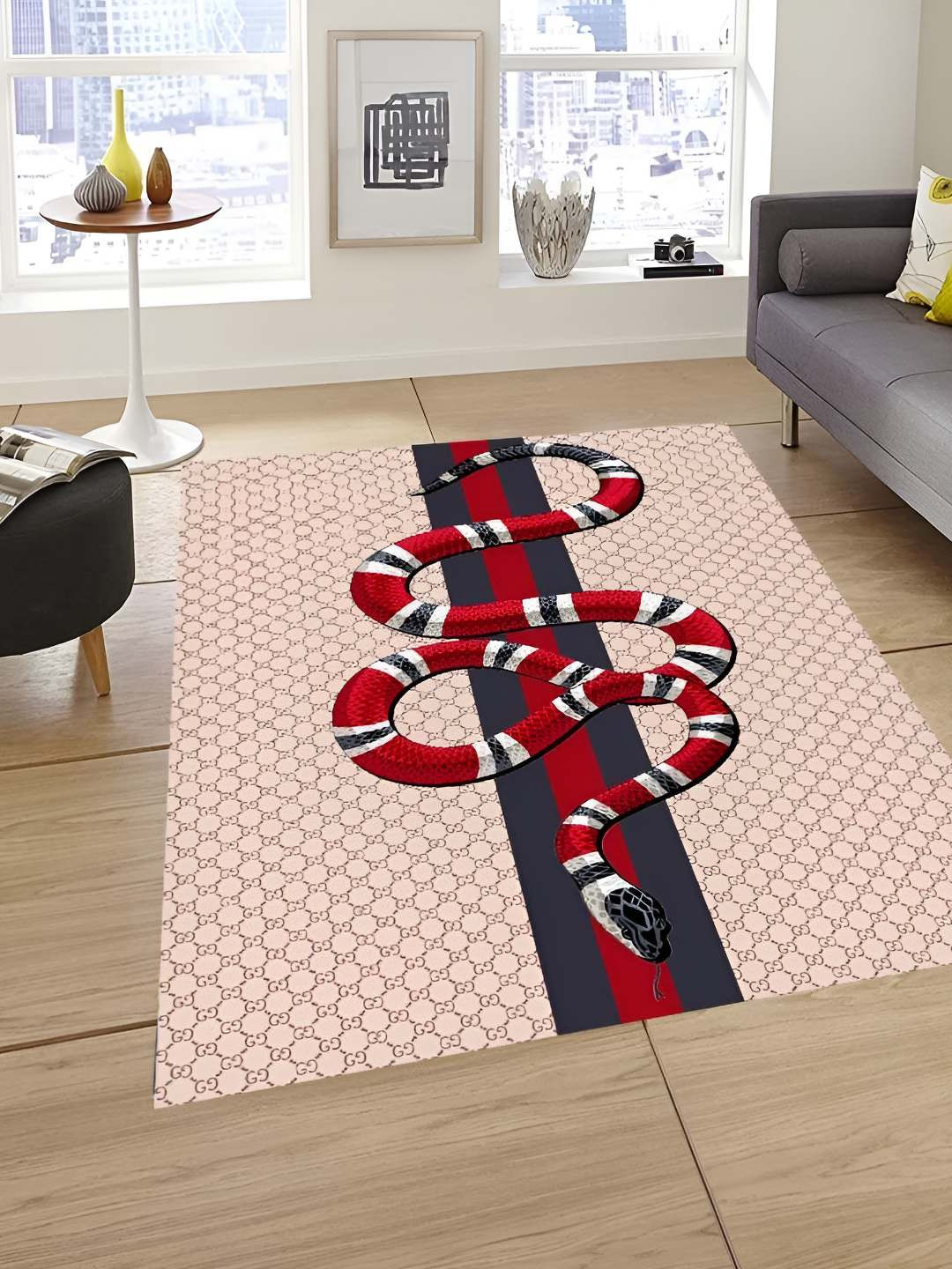 Sparrow world Beige & Red Snake Printed Anti-Skid Carpet