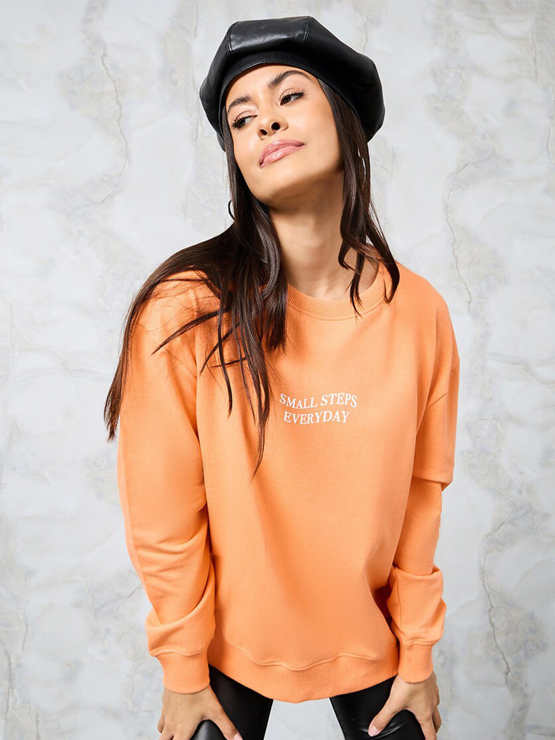 Styli Orange Typography Printed Cotton Pullover Sweatshirt