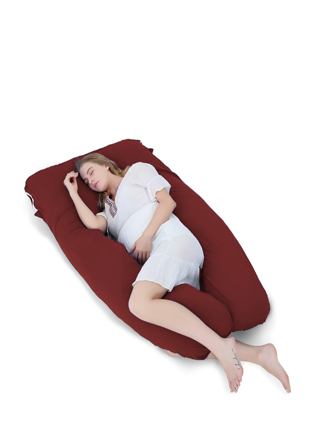 Mom's Moon Maroon Solid Cotton Lightweight Firm Fibre Maternity Pillow-13.97 x 76.2 x 137.16 cm