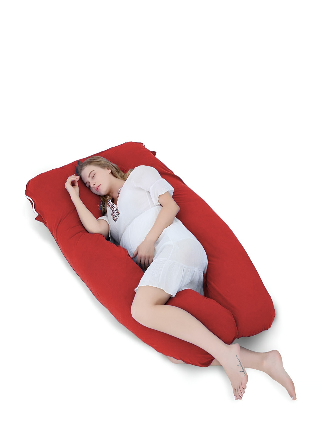 Mom's Moon Red Solid Cotton Lightweight Firm Fibre Maternity Pillow-13.97 x 76.2 x 137.16 cm