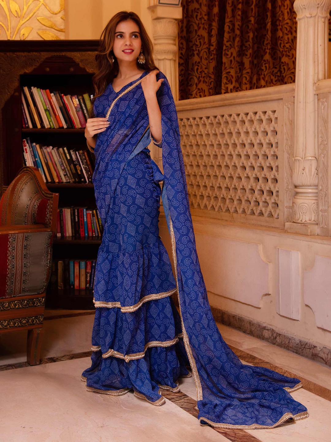 Calmna Bandhani Printed Ruffles Ready to Drape Saree
