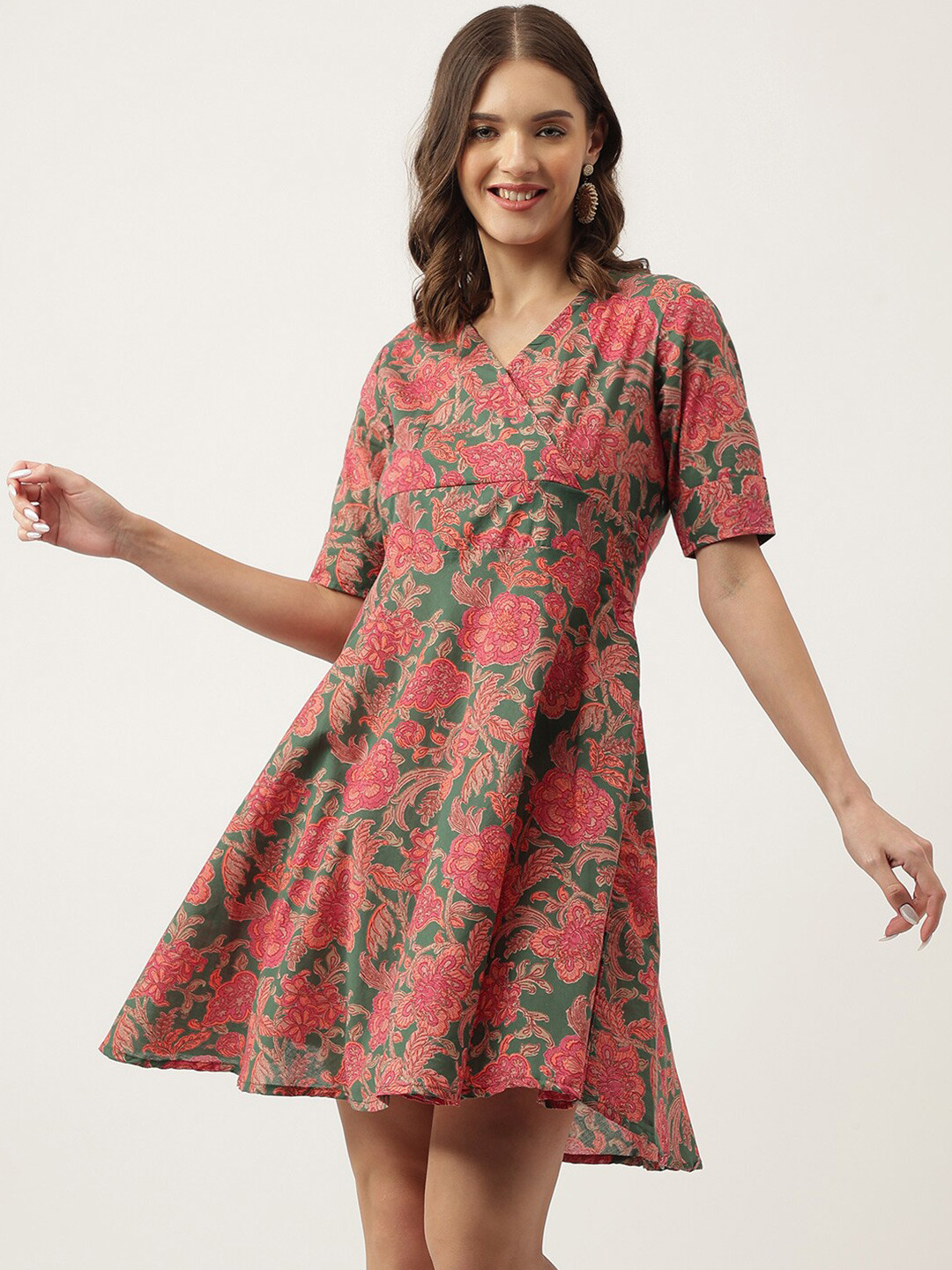 KALINI Floral Printed V-Neck Cotton Fit & Flare Mini Dress
