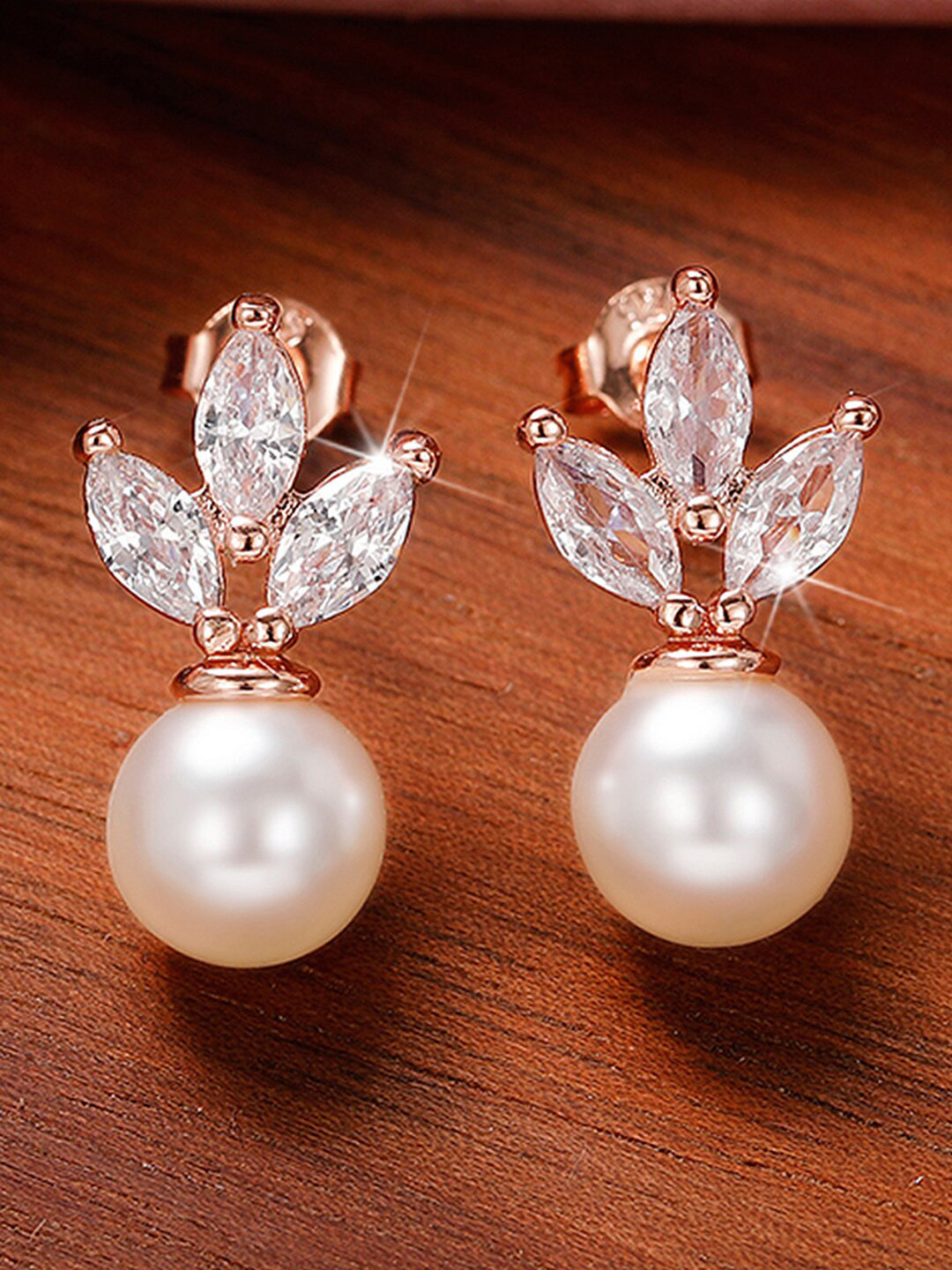 Designs & You Rose Gold-Plated American Diamond Floral Drop Earrings