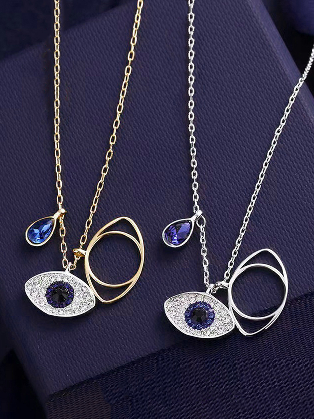 Designs & You Set Of 2 Gold & Silver Plated American Diamond Evil Eye Pendant With Chain