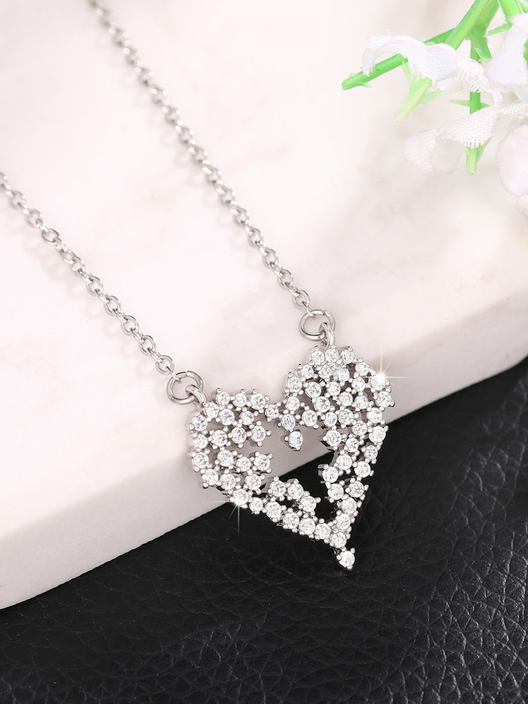 Designs & You Silver-Plated American Diamond-Studded Heart Pendant With Chain