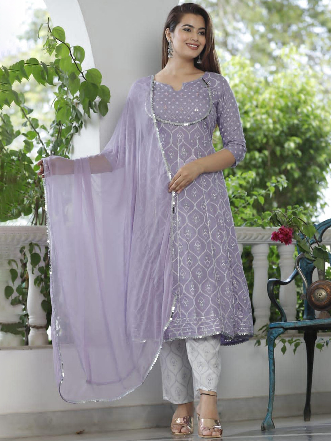 SINGNI Ethnic Motifs Printed Mirror Work Anarkali Kurta with Trouser & Dupatta