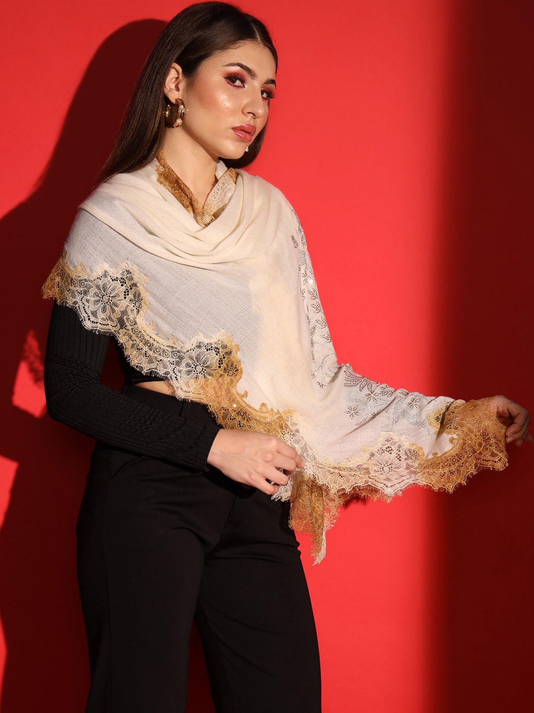 MODARTA Women Floral Embroidered Beads and Stones Woollen Cashmere Shawl