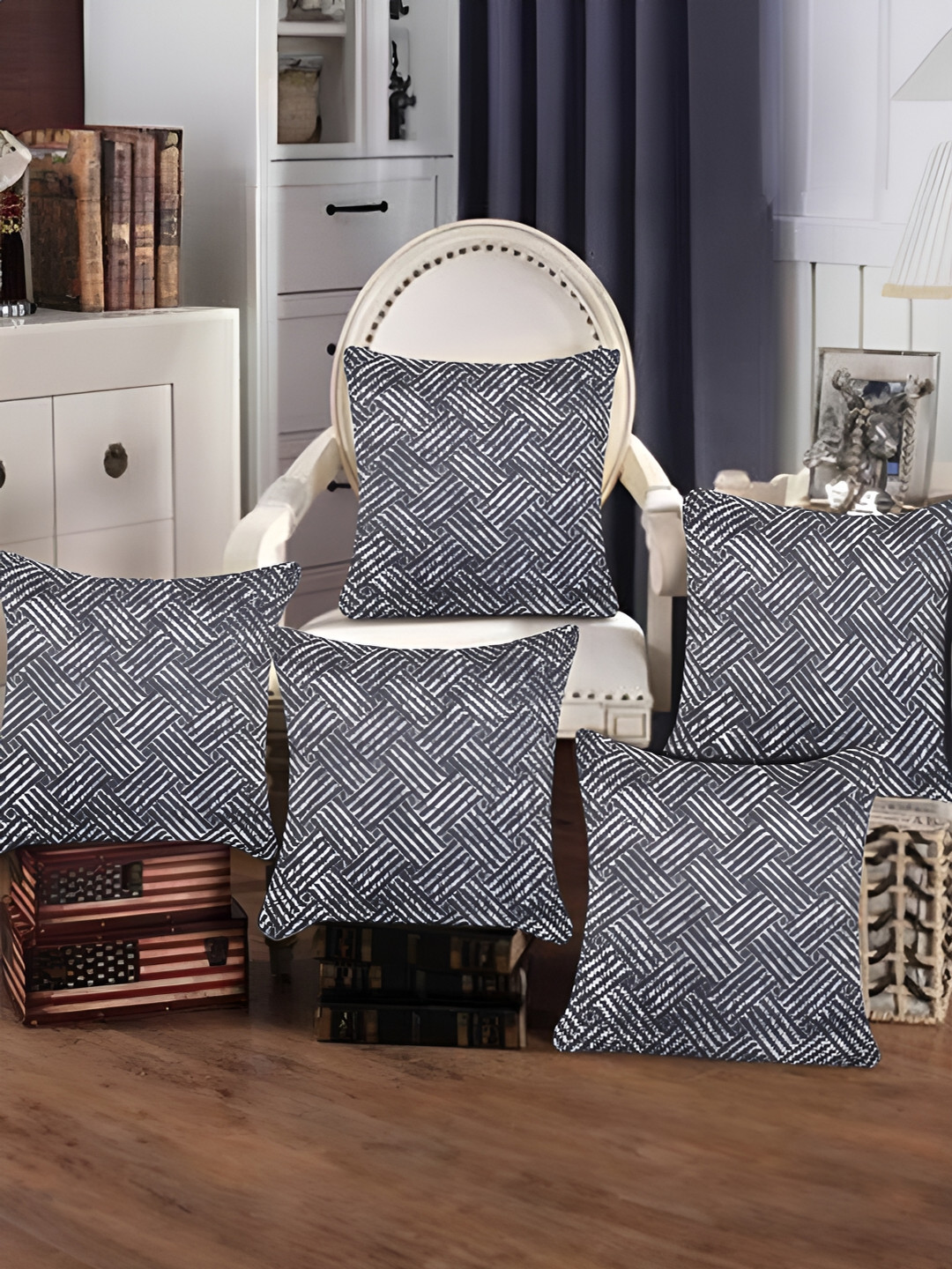 Tesmare Grey Geometric Velvet Durable 5 Piece Textured Square Cushion Covers -16x16In