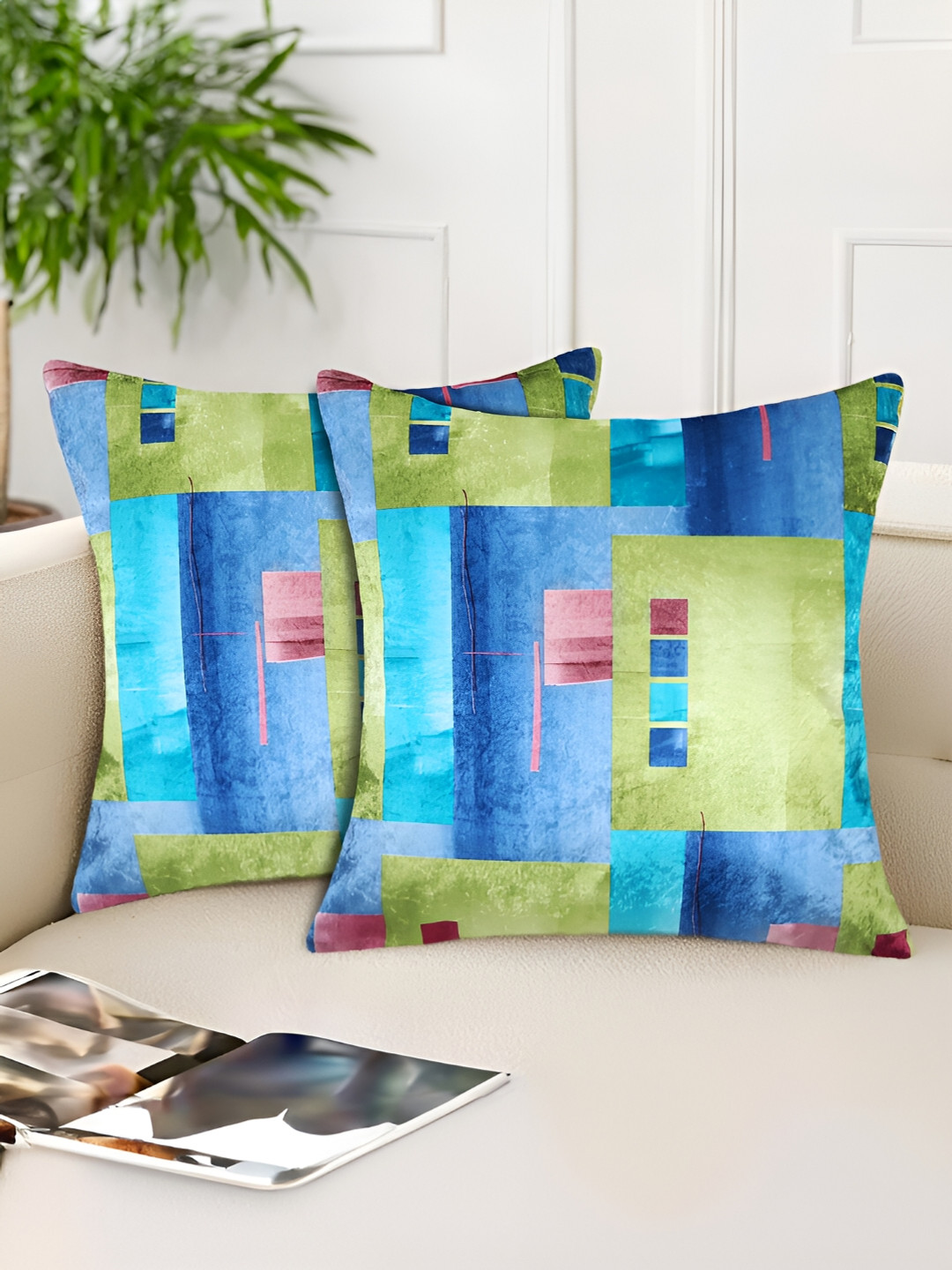Tesmare Blue & Olive Green 2 Pieces Geometric Velvet Square Cushion Covers